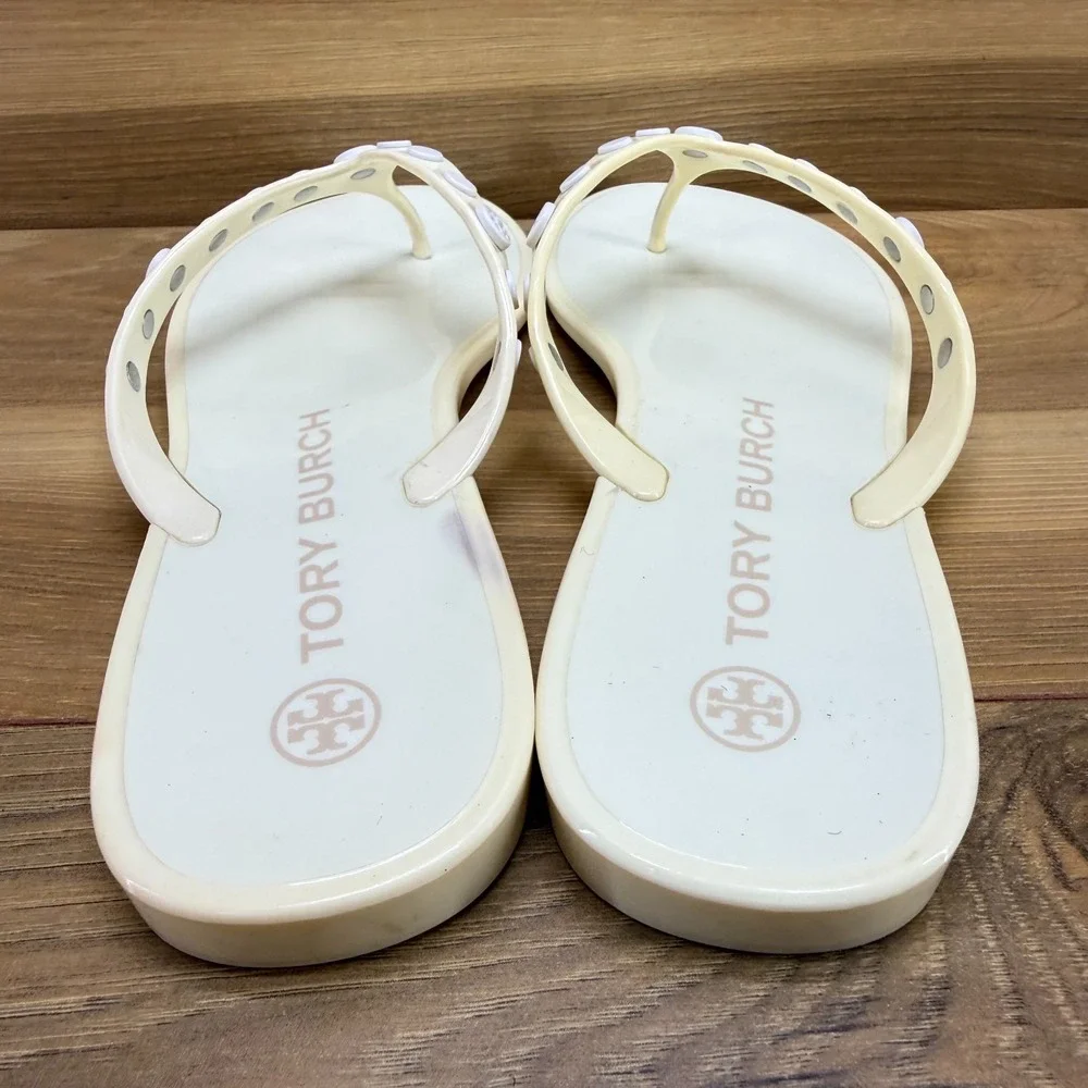 Tory Burch Jelly Studded Flip Flops Womens 7 Off White Vacation Travel Pool